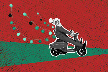 Obraz premium Composite photo collage of happy old man ride scooter moped garland decor xmas delivery service event isolated on painted background