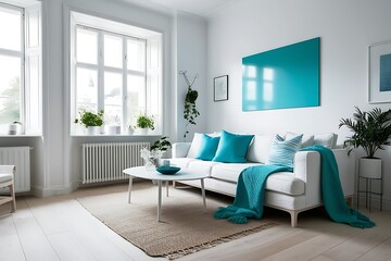 Bright living room with white sofa, teal accents, and large window.