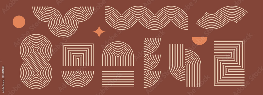 Aufkleber boho line element set. brown wave, zigzag and arch form design. mid century curves and arcs collecti