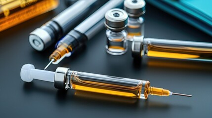 The image shows various syringes and vials with amber liquid, often associated with medical procedures or vaccinations.