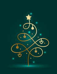 Golden Christmas Tree on Dark Green Background. Decorative Line Art Fir Tree.
