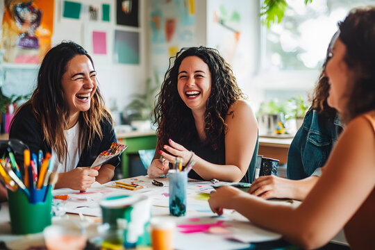 Group of friends having fun, laughing, and creating a DIY craft project together.