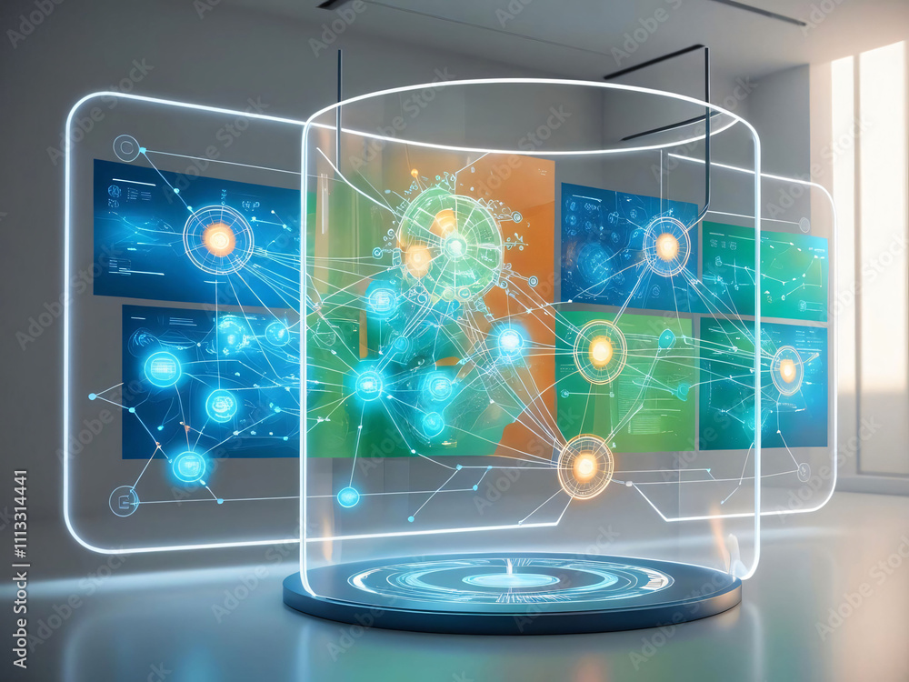Poster innovative technology display with interactive holographic network visualization in a modern workspa