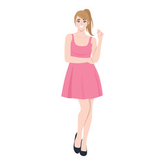 Young woman in a pink summer dress. Flat Vector Character Isolated.