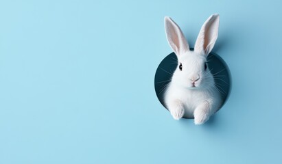 Obraz premium White Bunny Peeking Through Round Hole in Light Blue Background