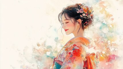 Portrait of a Young Woman in Traditional Kimono with Cherry Blossoms