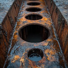 A close-up view of a rusty drainage system with water pooling inside circular openings.