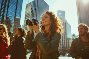 Fototapeta premium Group of friends standing on a bustling city street, taking photos with a DSLR camera while exploring the urban landscape.