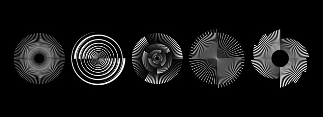 Radial spinning spiral pattern set. Circular speed lines form collection. Rotating circle sound wave concepts. Abstract sunburst ray and beam design element for icon, badge, logo, tag, label. Vector