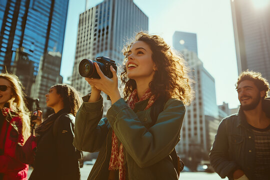 Group of friends standing on a bustling city street, taking photos with a DSLR camera while exploring the urban landscape.