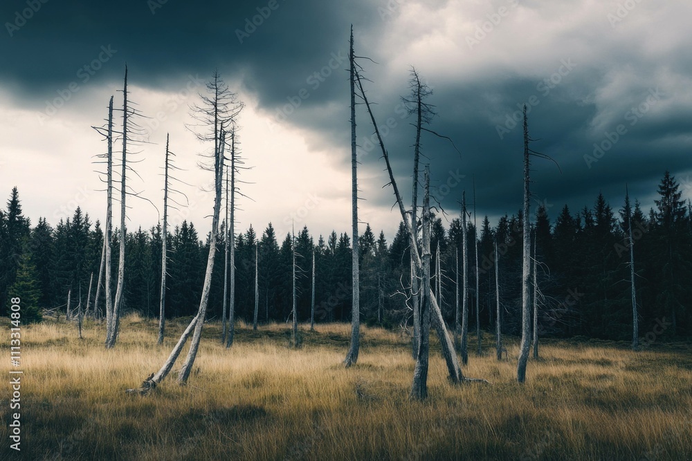 Poster mysterious dry trees standing in a vast field under darkening storm clouds, creating an eerie atmosp