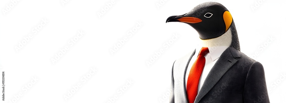 Poster a penguin in a gray office suit with a red tie, standing confidently in front of a bright white back