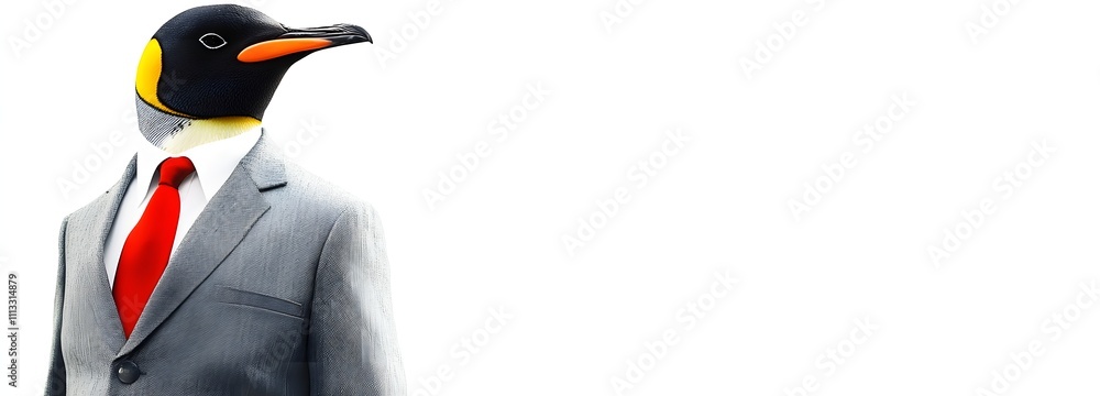 Poster a penguin in a gray office suit with a red tie, standing confidently in front of a bright white back