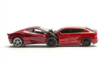 Fototapeta premium Studio shot of a side-impact crash involving a red sports car and a minivan isolated on white.