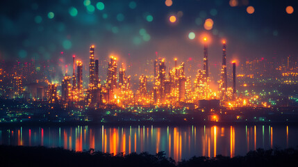 Fototapeta premium Intricate network of glowing pipelines inside an oil refinery, showcasing the blend of industrial technology and energy production, symbolizing modern infrastructure and the power of energy systems