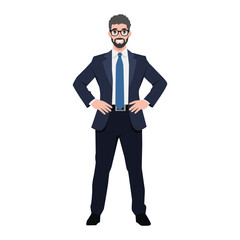 Young business man manager with hands on hips. Flat Vector Character Isolated.
