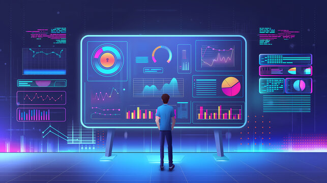 Data engineer analyzing graphs on futuristic dashboard