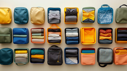 Colorful packing cubes with clothing on neutral background