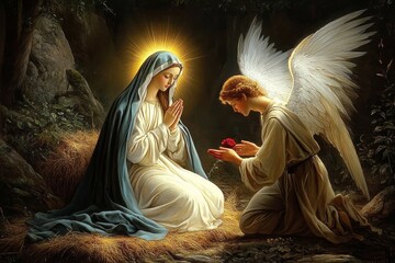 The Annunciation to the Virgin Mary in a Forest Clearing with Angel Gabriel and Red Rose