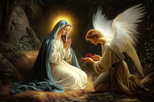 The Annunciation to the Virgin Mary in a Forest Clearing with Angel Gabriel and Red Rose