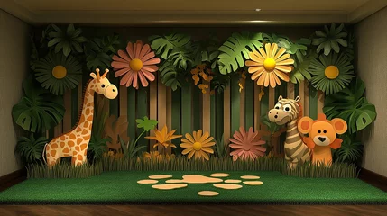 Kid's jungle room with giraffe, tiger, and lion, decorated with flowers and plants.