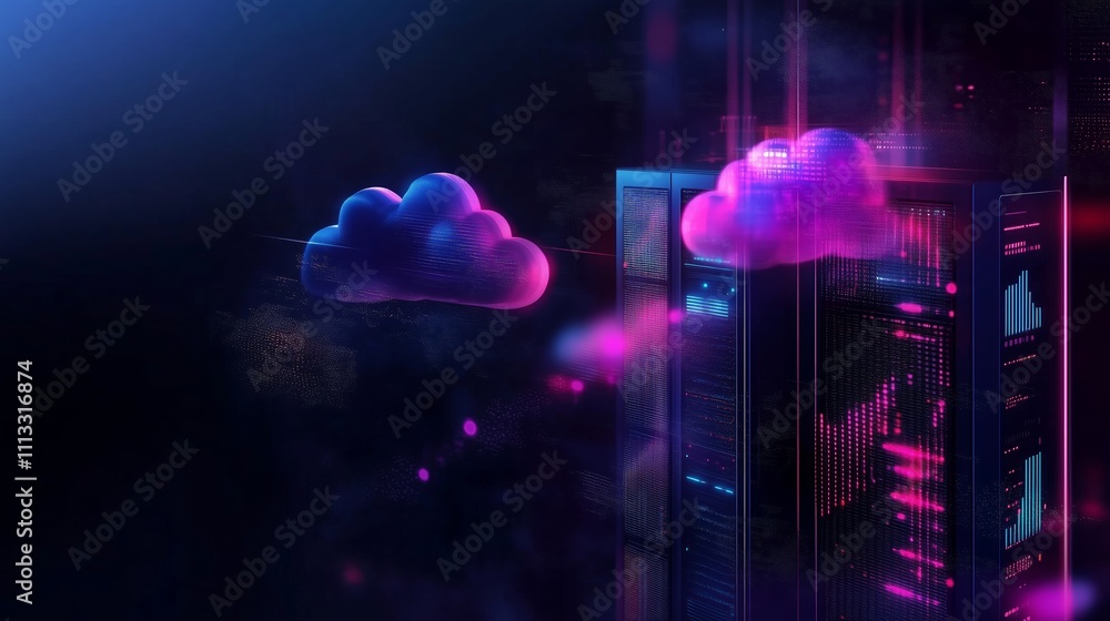 Poster digital clouds interact with data servers in a futuristic technology environment during nighttime