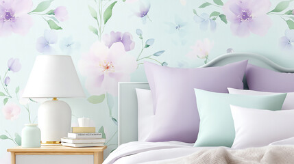 Faded floral wallpaper in pastel lavender and