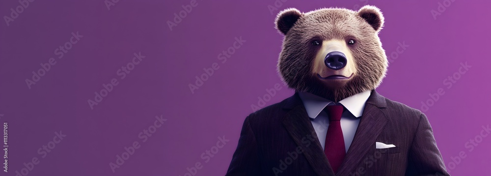 Poster a bear in a dark brown office suit and red tie, standing tall in front of a soft purple background w