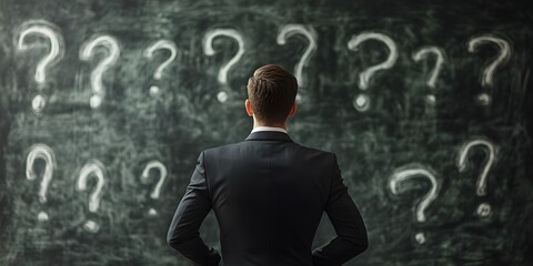 Businessman Facing Chalkboard Filled with Question Marks, Symbolizing Uncertainty Problem Solving