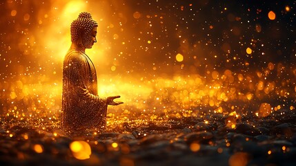 Obraz premium Buddha silhouette standing forward, body composed of golden shimmering dots ethereal light 