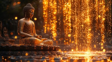 Buddha silhouette with golden dots cascading from the body shimmering with light 