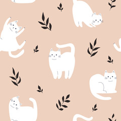 Seamless childish  Cartoon cats pattern on pink background.