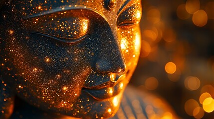 beautifully detailed Buddha silhouette in golden dots forward facing shimmering glow 