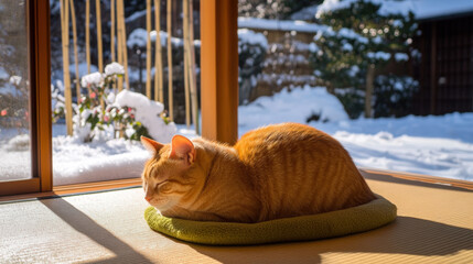 Obraz na płótnie Canvas Cozy orange cat lounging in sunlit room with snow-covered garden view through large glass windows on a winter day