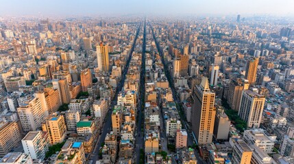 Aerial View of a Dense Cityscape at Dusk