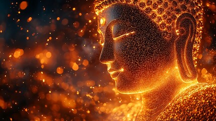peaceful Buddha silhouette composed of glowing tiny dots in golden shimmer, forward view 