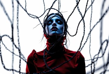 Avant-Garde Portrait of a Woman in a Red Turtleneck Surrounded by Entwined Chains Highlighting Surreal Aesthetics with Stark Contrast and Conceptual Artistry on a Minimalist Background
