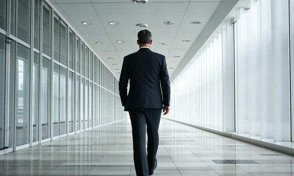 Executive Walkway: A lone businessman strides confidently down a long, bright hallway, symbolizing ambition and the pursuit of success. The image evokes a sense of purpose and determination. 