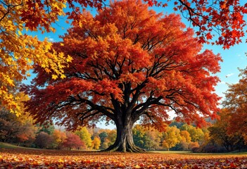Magnificent Maple Tree in Full Autumn Splendor with Vibrant Red and Orange Foliage Set Against a Blue Sky in a Picturesque Parkland with Golden Leaves Covering the Ground
