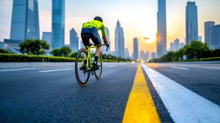 Obraz premium Cyclist Riding Through City Streets at Sunset