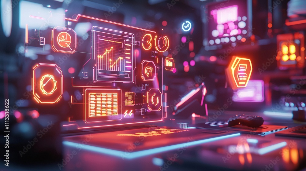 Aufkleber job and career interview concept. futuristic neon tech interface with data visualizations