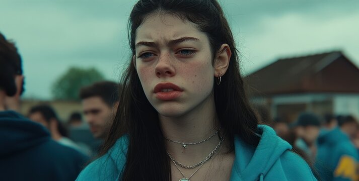 Young Woman with Freckles Wearing Teal Hoodie
