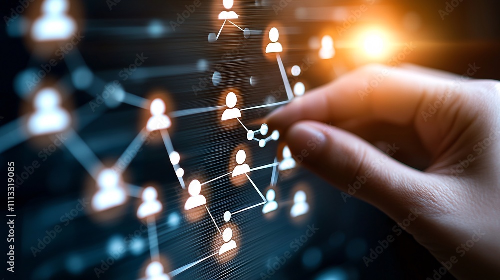 Poster job and career interview concept. digital connection concept with user icons and hand
