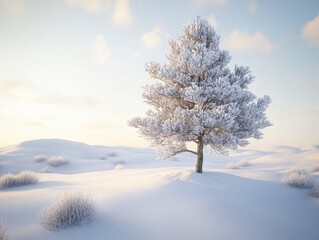 Fototapeta premium Snowy Field with Lone Tree