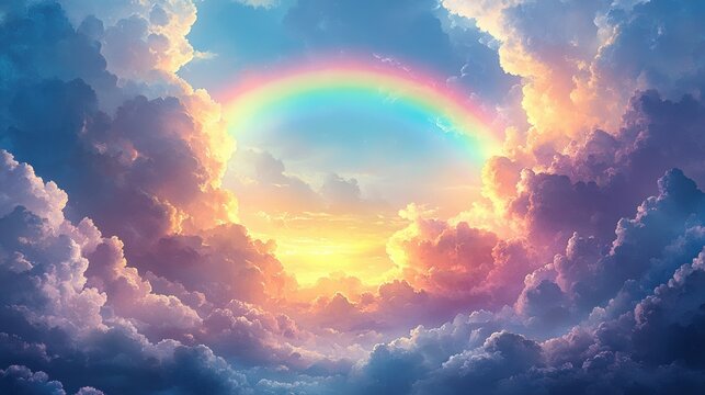 Beautiful Rainbow Over Clear Sky and Fluffy Clouds in Cartoon Style Illustration