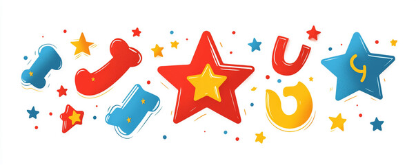 Colorful logo incorporating toy shapes and stars, using bright reds, blues, and yellows with a fun, rounded sans-serif font