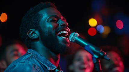 A young Black man with a beard sings passionately into a microphone on stage, lit in a cool blue light.