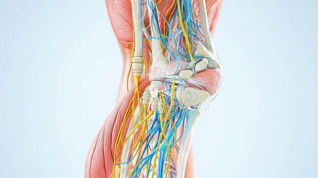 Medical illustration of human tendons, focusing on connections between muscles and bones Highlight the Achilles tendon and patellar tendon