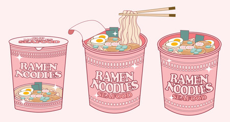Ramen cup noodles flavored food pink aesthetic illustration