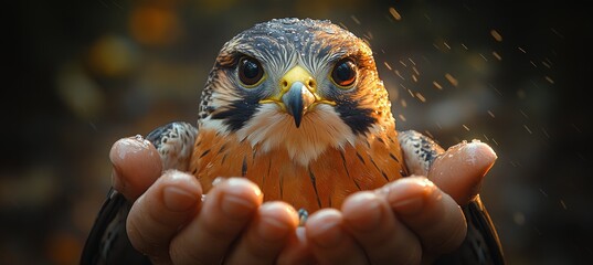 startled falcon close-up held by hands feathers emotion lighting nature